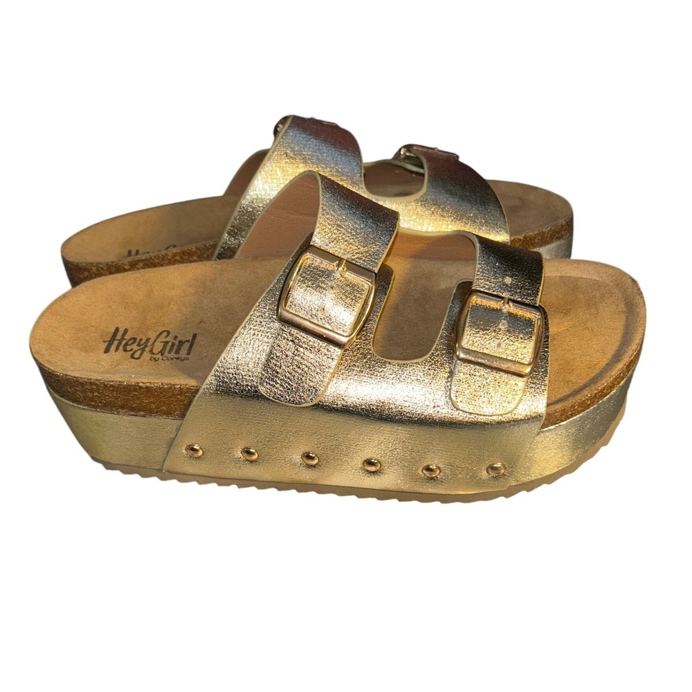 Hey Girl by Corkys Wannabe Gold Metallic Platform Studded Sandals Womens 10 - Picture 4 of 9